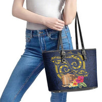 Tokelau Tokehega Day Leather Tote Bag Coat of Arms with Polynesian Tattoo and Hibiscus LT03 - Polynesian Pride