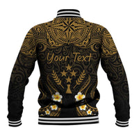 Personalised Kosrae Liberation Day Baseball Jacket Polynesian Tattoo and Plumeria Gold Color
