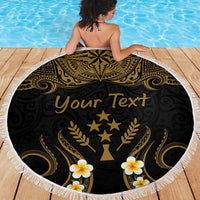Personalised Kosrae Liberation Day Beach Blanket Polynesian Tattoo and Plumeria Gold Color