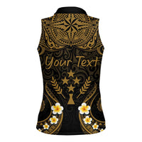 Personalised Kosrae Liberation Day Women Sleeveless Polo Shirt Polynesian Tattoo and Plumeria Gold Color