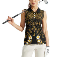 Personalised Kosrae Liberation Day Women Sleeveless Polo Shirt Polynesian Tattoo and Plumeria Gold Color