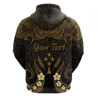 Personalised Kosrae Liberation Day Zip Hoodie Polynesian Tattoo and Plumeria Gold Color