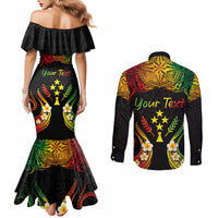 Personalised Kosrae Liberation Day Couples Matching Mermaid Dress and Long Sleeve Button Shirt Polynesian Tattoo and Plumeria Reggae Color