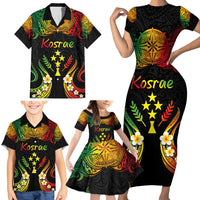Personalised Kosrae Liberation Day Family Matching Short Sleeve Bodycon Dress and Hawaiian Shirt Polynesian Tattoo and Plumeria Reggae Color