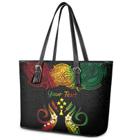 Personalised Kosrae Liberation Day Leather Tote Bag Polynesian Tattoo and Plumeria Reggae Color
