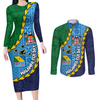 Malampa Fiji Day Couples Matching Long Sleeve Bodycon Dress and Long Sleeve Button Shirt National Symbols with Tapa Tribal and Polynesian Tattoo LT03 Blue - Polynesian Pride