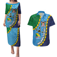 Malampa Fiji Day Couples Matching Puletasi and Hawaiian Shirt National Symbols with Tapa Tribal and Polynesian Tattoo LT03 Blue - Polynesian Pride