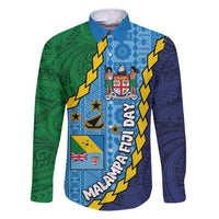 Malampa Fiji Day Family Matching Long Sleeve Bodycon Dress and Hawaiian Shirt National Symbols with Tapa Tribal and Polynesian Tattoo LT03 Dad's Shirt - Long Sleeve Blue - Polynesian Pride