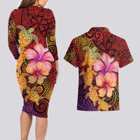 Hawaiian Hibiscus Turtle Tribal Polynesian Pattern Couples Matching Long Sleeve Bodycon Dress and Hawaiian Shirt Colorful Color