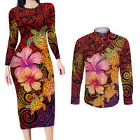 Hawaiian Hibiscus Turtle Tribal Polynesian Pattern Couples Matching Long Sleeve Bodycon Dress and Long Sleeve Button Shirt Colorful Color