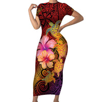 Hawaiian Hibiscus Turtle Tribal Polynesian Pattern Family Matching Short Sleeve Bodycon Dress and Hawaiian Shirt Colorful Color