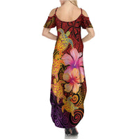 Hawaiian Hibiscus Turtle Tribal Polynesian Pattern Family Matching Summer Maxi Dress and Hawaiian Shirt Colorful Color