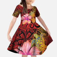 Hawaiian Hibiscus Turtle Tribal Polynesian Pattern Kid Short Sleeve Dress Colorful Color
