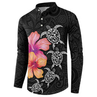 Hawaiian Hibiscus Turtle Tribal Polynesian Pattern Button Sweatshirt Black Color