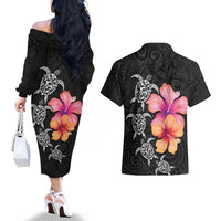 Hawaiian Hibiscus Turtle Tribal Polynesian Pattern Couples Matching Off The Shoulder Long Sleeve Dress and Hawaiian Shirt Black Color