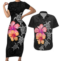 Hawaiian Hibiscus Turtle Tribal Polynesian Pattern Couples Matching Short Sleeve Bodycon Dress and Hawaiian Shirt Black Color