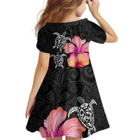 Hawaiian Hibiscus Turtle Tribal Polynesian Pattern Family Matching Long Sleeve Bodycon Dress and Hawaiian Shirt Black Color LT03 - Polynesian Pride
