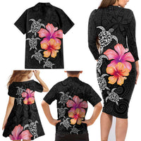 Hawaiian Hibiscus Turtle Tribal Polynesian Pattern Family Matching Long Sleeve Bodycon Dress and Hawaiian Shirt Black Color LT03 - Polynesian Pride