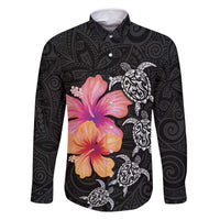Hawaiian Hibiscus Turtle Tribal Polynesian Pattern Family Matching Long Sleeve Bodycon Dress and Hawaiian Shirt Black Color LT03 Dad's Shirt - Long Sleeve Black - Polynesian Pride