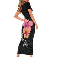 Hawaiian Hibiscus Turtle Tribal Polynesian Pattern Family Matching Short Sleeve Bodycon Dress and Hawaiian Shirt Black Color