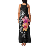 Hawaiian Hibiscus Turtle Tribal Polynesian Pattern Family Matching Tank Maxi Dress and Hawaiian Shirt Black Color