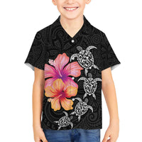 Hawaiian Hibiscus Turtle Tribal Polynesian Pattern Family Matching Tank Maxi Dress and Hawaiian Shirt Black Color