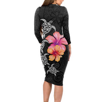 Hawaiian Hibiscus Turtle Tribal Polynesian Pattern Long Sleeve Bodycon Dress Black Color LT03 - Polynesian Pride