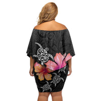 Hawaiian Hibiscus Turtle Tribal Polynesian Pattern Off Shoulder Short Dress Black Color