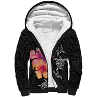 Hawaiian Hibiscus Turtle Tribal Polynesian Pattern Sherpa Hoodie Black Color