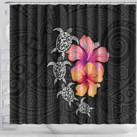 Hawaiian Hibiscus Turtle Tribal Polynesian Pattern Shower Curtain Black Color