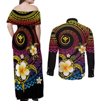 Hawaiian Plumeria Turtle Tribal Spiral Polynesian Tattoo Couples Matching Off Shoulder Maxi Dress and Long Sleeve Button Shirt Fanciful Color