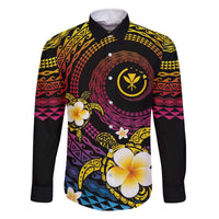 Hawaiian Plumeria Turtle Tribal Spiral Polynesian Tattoo Family Matching Off Shoulder Short Dress and Hawaiian Shirt Fanciful Color LT03 Dad's Shirt - Long Sleeve Gradient - Polynesian Pride