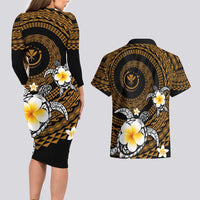 Hawaiian Plumeria Turtle Tribal Spiral Polynesian Tattoo Couples Matching Long Sleeve Bodycon Dress and Hawaiian Shirt Gold Color
