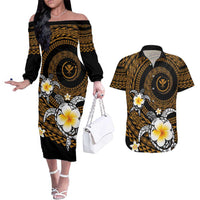 Hawaiian Plumeria Turtle Tribal Spiral Polynesian Tattoo Couples Matching Off The Shoulder Long Sleeve Dress and Hawaiian Shirt Gold Color LT03 Gold - Polynesian Pride