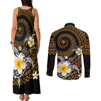 Hawaiian Plumeria Turtle Tribal Spiral Polynesian Tattoo Couples Matching Tank Maxi Dress and Long Sleeve Button Shirt Gold Color