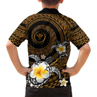 Hawaiian Plumeria Turtle Tribal Spiral Polynesian Tattoo Family Matching Off Shoulder Maxi Dress and Hawaiian Shirt Gold Color LT03 - Polynesian Pride
