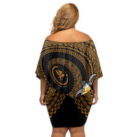 Hawaiian Plumeria Turtle Tribal Spiral Polynesian Tattoo Family Matching Off Shoulder Short Dress and Hawaiian Shirt Gold Color LT03 - Polynesian Pride