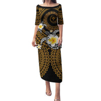 Hawaiian Plumeria Turtle Tribal Spiral Polynesian Tattoo Family Matching Puletasi and Hawaiian Shirt Gold Color LT03 Mom's Dress Gold - Polynesian Pride