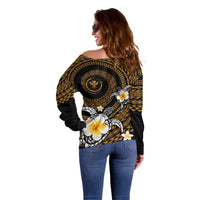 Hawaiian Plumeria Turtle Tribal Spiral Polynesian Tattoo Off Shoulder Sweater Gold Color