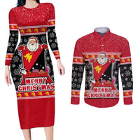 Papua New Guinea Christmas Couples Matching Long Sleeve Bodycon Dress and Long Sleeve Button Shirts Santa With Flag Of PNG Polynesian Tribal Xmas Vibe LT03 Red - Polynesian Pride
