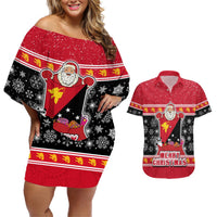 Papua New Guinea Christmas Couples Matching Off Shoulder Short Dress and Hawaiian Shirt Santa With Flag Of PNG Polynesian Tribal Xmas Vibe LT03 Red - Polynesian Pride