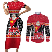 Papua New Guinea Christmas Couples Matching Short Sleeve Bodycon Dress and Long Sleeve Button Shirts Santa With Flag Of PNG Polynesian Tribal Xmas Vibe LT03 Red - Polynesian Pride
