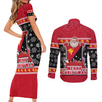 Papua New Guinea Christmas Couples Matching Short Sleeve Bodycon Dress and Long Sleeve Button Shirts Santa With Flag Of PNG Polynesian Tribal Xmas Vibe LT03 - Polynesian Pride