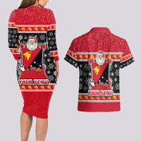 Custom Papua New Guinea Christmas Couples Matching Long Sleeve Bodycon Dress and Hawaiian Shirt Santa With Flag Of PNG Polynesian Tribal Xmas Vibe LT03 - Polynesian Pride
