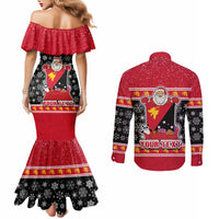 Custom Papua New Guinea Christmas Couples Matching Mermaid Dress and Long Sleeve Button Shirts Santa With Flag Of PNG Polynesian Tribal Xmas Vibe LT03 - Polynesian Pride