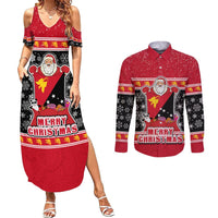 Custom Papua New Guinea Christmas Couples Matching Summer Maxi Dress and Long Sleeve Button Shirts Santa With Flag Of PNG Polynesian Tribal Xmas Vibe LT03 Red - Polynesian Pride