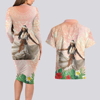 Woman Polynesian Tattoos Couples Matching Long Sleeve Bodycon Dress and Hawaiian Shirt Tropical Flower - Peach Fuzz Color