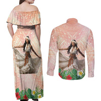 Woman Polynesian Tattoos Couples Matching Off Shoulder Maxi Dress and Long Sleeve Button Shirt Tropical Flower - Peach Fuzz Color LT03 - Polynesian Pride