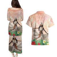 Woman Polynesian Tattoos Couples Matching Puletasi and Hawaiian Shirt Tropical Flower - Peach Fuzz Color LT03 - Polynesian Pride