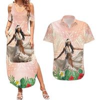 Woman Polynesian Tattoos Couples Matching Summer Maxi Dress and Hawaiian Shirt Tropical Flower - Peach Fuzz Color LT03 Peach Fuzz - Polynesian Pride